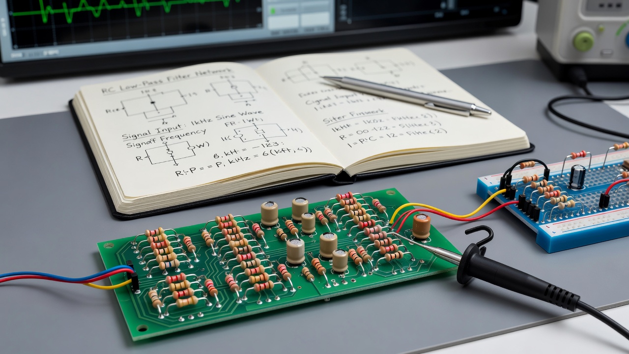 Photograph of a hobbyist breadboard setup implementing an R-2R resistor network for audio signal filtering