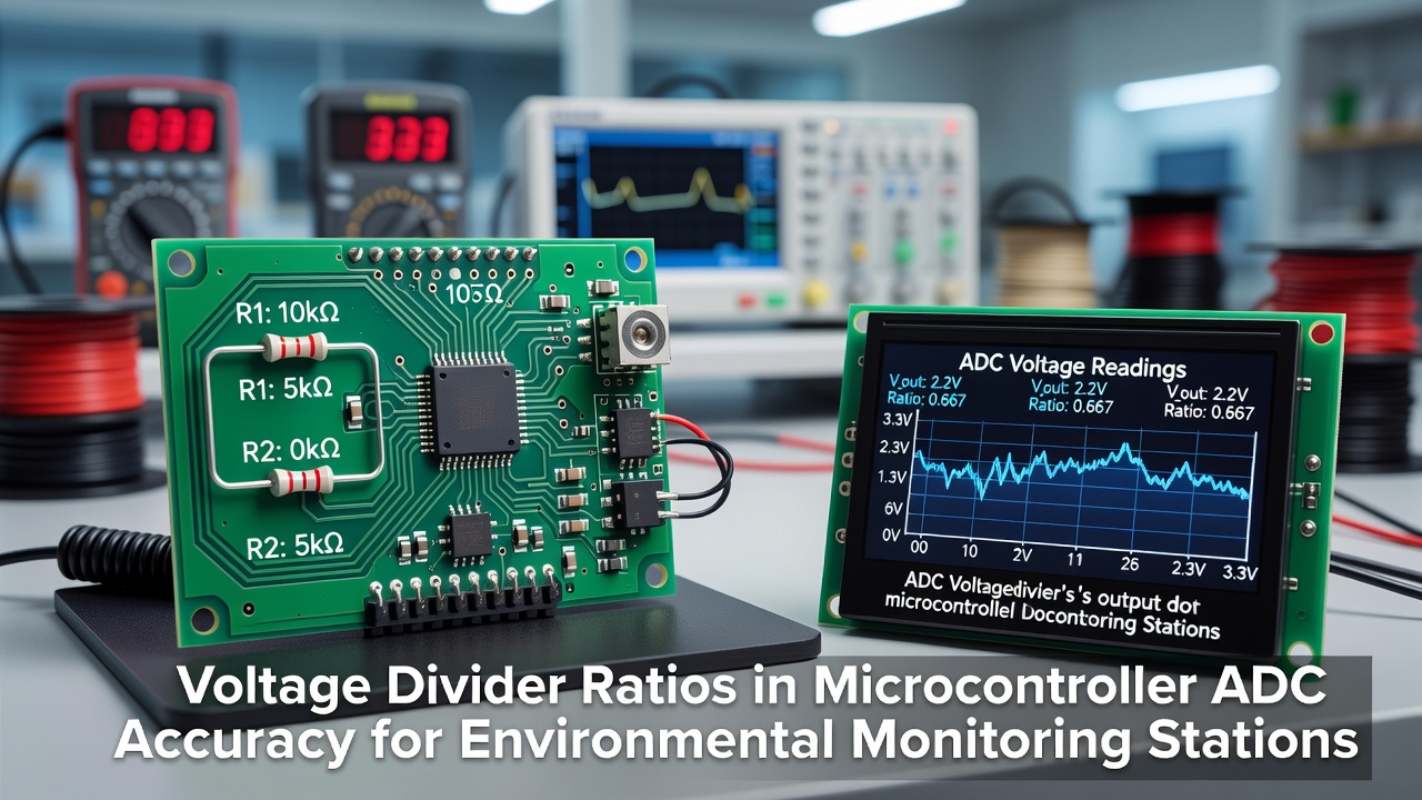 Oscilloscope capture and calculation table illustrating voltage divider output versus ADC sample values in a deployed environmental monitoring node